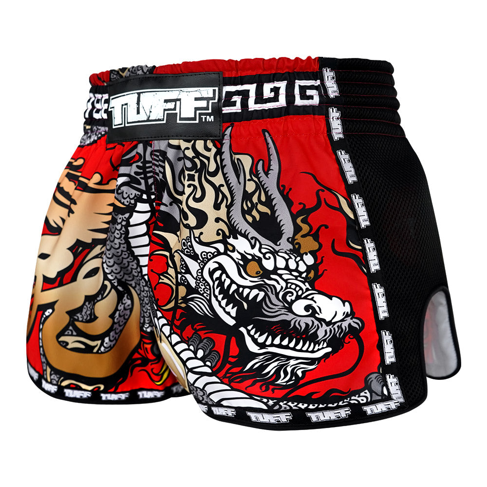 MRS205 TUFF Muay Thai Shorts Retro Style Red Chinese Dragon