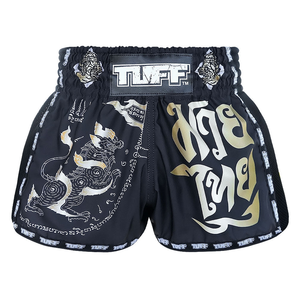 MRS206 TUFF Muay Thai Shorts Retro Style Black Singha Yantra with War Flag