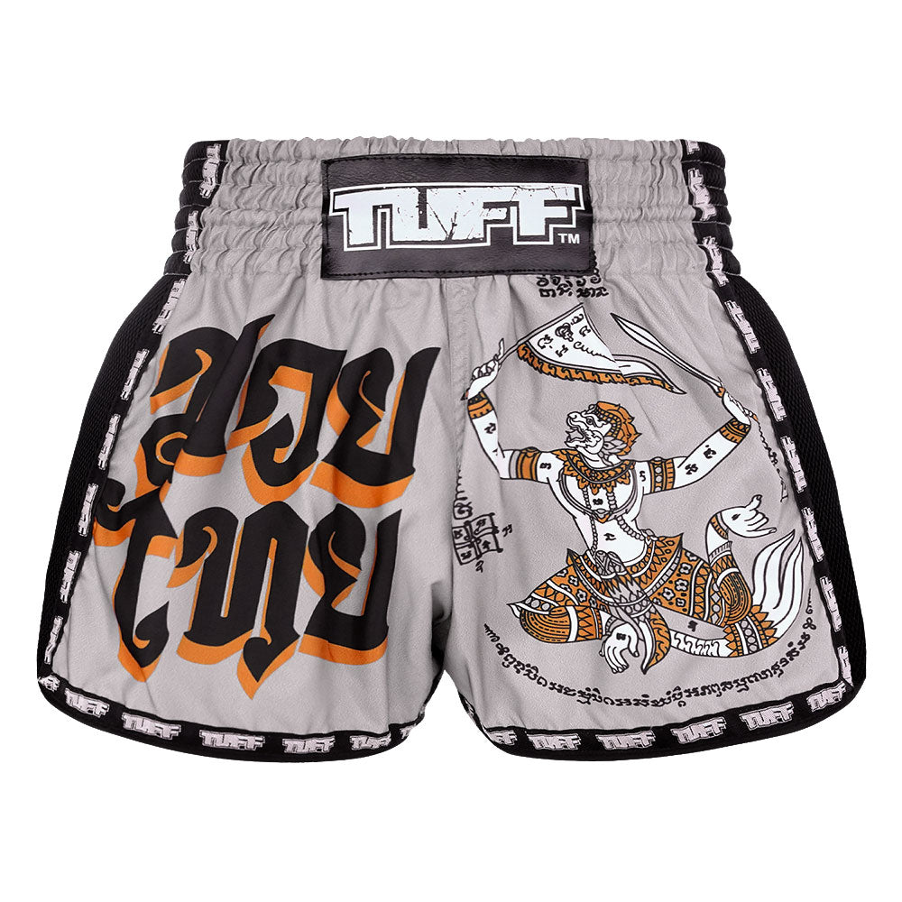 MRS206 TUFF Muay Thai Shorts Retro Style Grey Hanuman Yantra with War Flag
