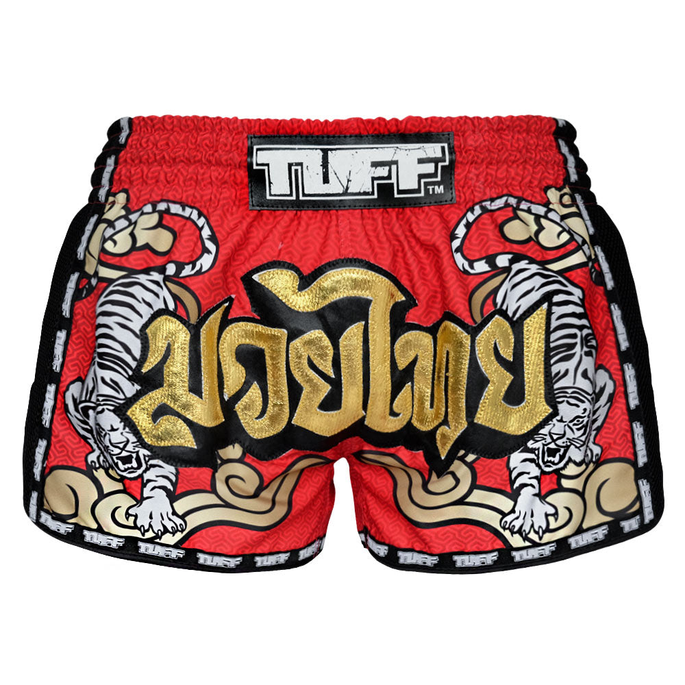 MRS301 TUFF Muay Thai Shorts Retro Style Red Double Tiger With Gold Text